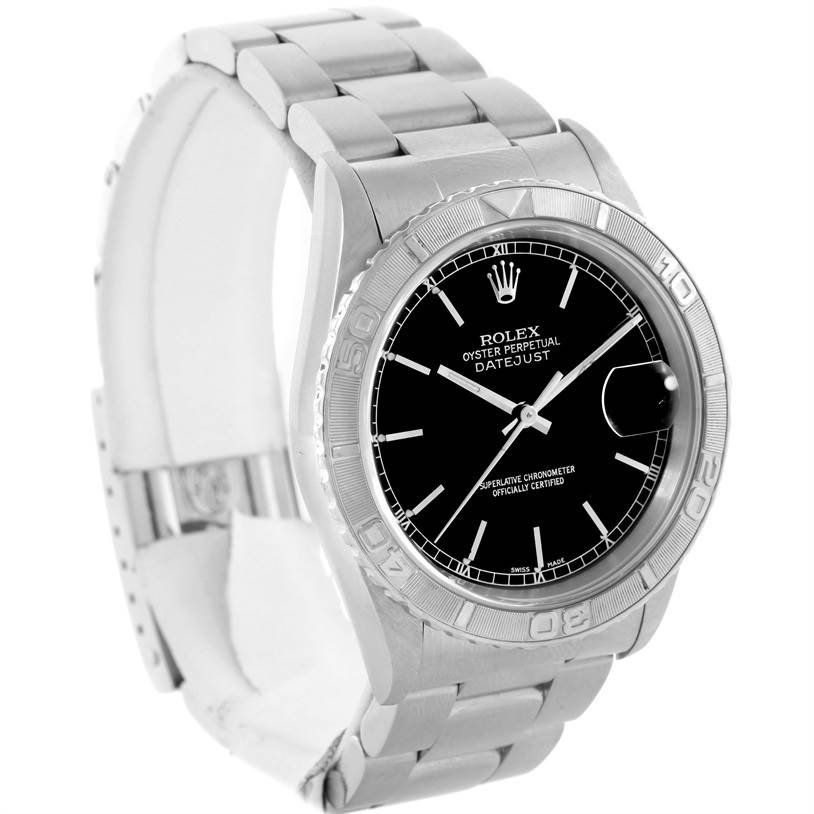 This image shows a Turn-o-Graph model by Rolex at an oblique angle highlighting the dial, bezel, and part of the bracelet.