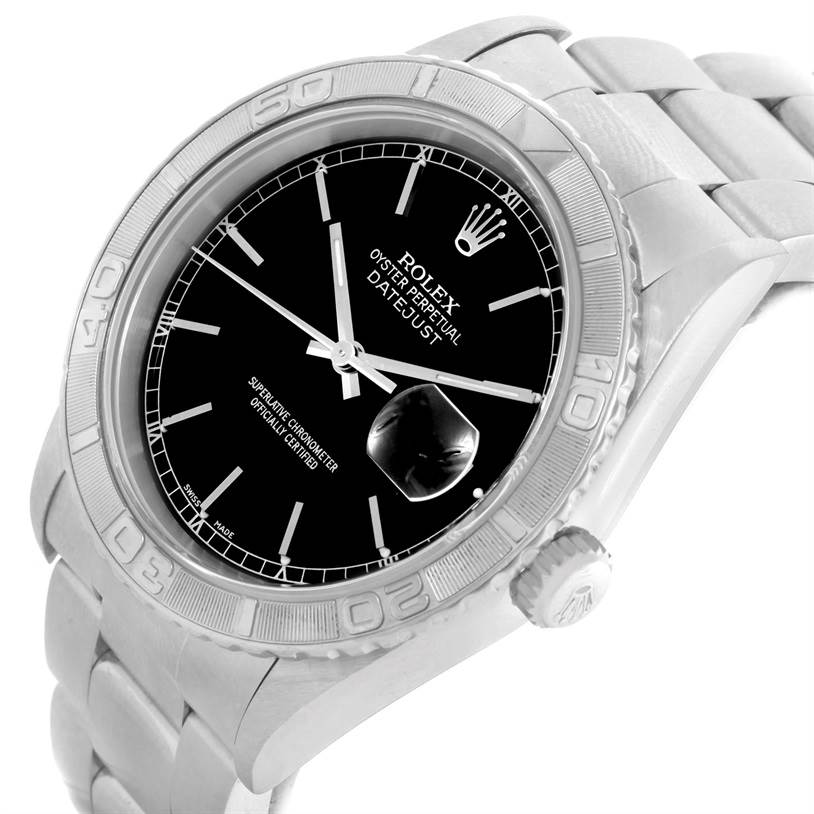 This image shows a Rolex Turn-o-Graph 16264 Men's Stainless Steel Black Dial 16264 Men's Stainless Steel Black Dial watch at an angled side view, displaying its face, bezel, crown, and bracelet.