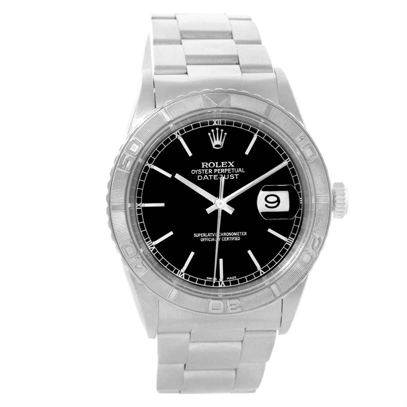 The image shows a frontal view of the Rolex Turn-o-Graph 16264 Men's Stainless Steel Black Dial 16264 Men's Stainless Steel Black Dial watch, highlighting its face, bezel, and bracelet.