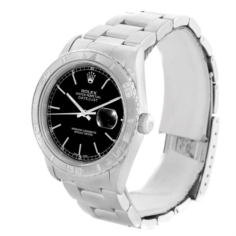 The image shows a Rolex Turn-o-Graph 16264 Men's Stainless Steel Black Dial 16264 Men's Stainless Steel Black Dial model from a slight side angle, highlighting the bezel, black dial, bracelet, and crown.