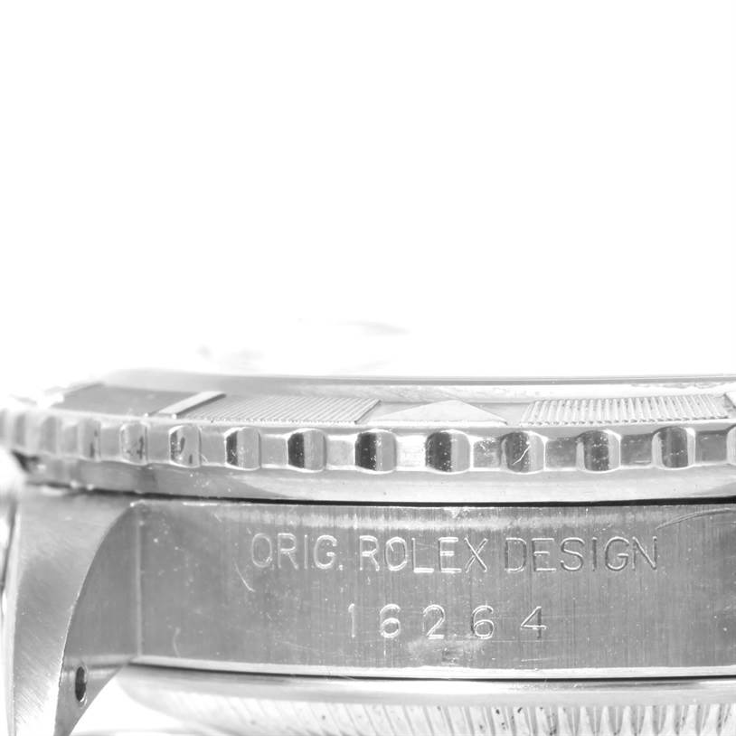 This image shows a close-up of the side case and bezel of a Rolex Turn-o-Graph 16264 Men's Stainless Steel Black Dial 16264 Men's Stainless Steel Black Dial watch, featuring the engraved design and model number.