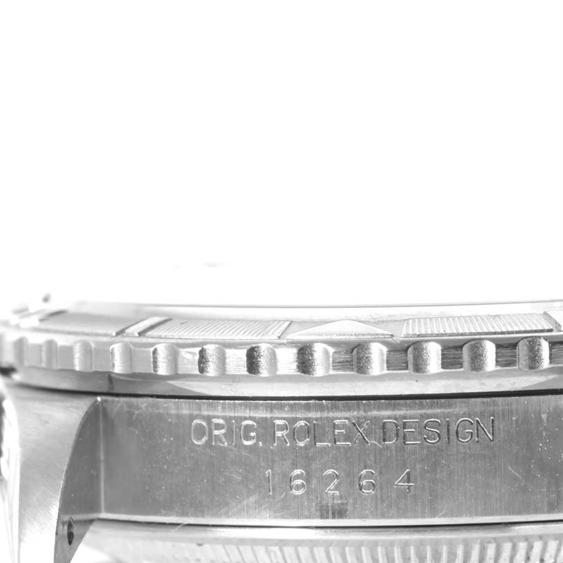 The image shows a close-up side view of a Rolex Turn-o-Graph 16264 Men's Stainless Steel White Dial 16264 Men's Stainless Steel White Dial watch, highlighting the bezel and the engraved model number 16264.