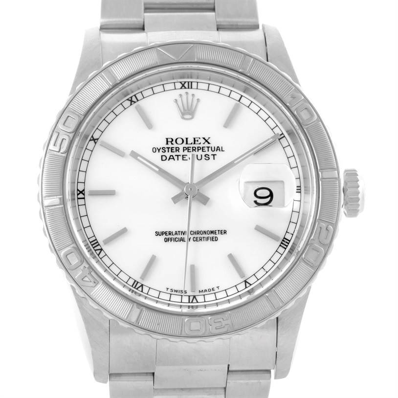 The image shows a front view of a Rolex Turn-o-Graph 16264 Men's Stainless Steel White Dial 16264 Men's Stainless Steel White Dial watch, highlighting its dial, bezel, hands, date window, and bracelet.