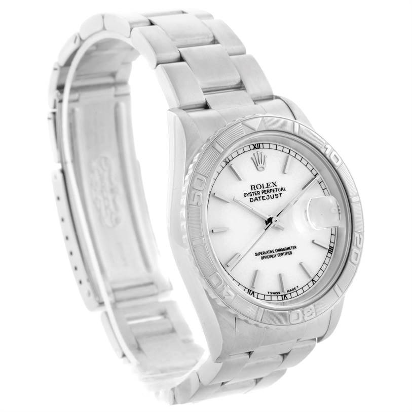 The Rolex Turn-o-Graph 16264 Men's Stainless Steel White Dial 16264 Men's Stainless Steel White Dial watch is shown at an angle that highlights its face, bezel, and bracelet.