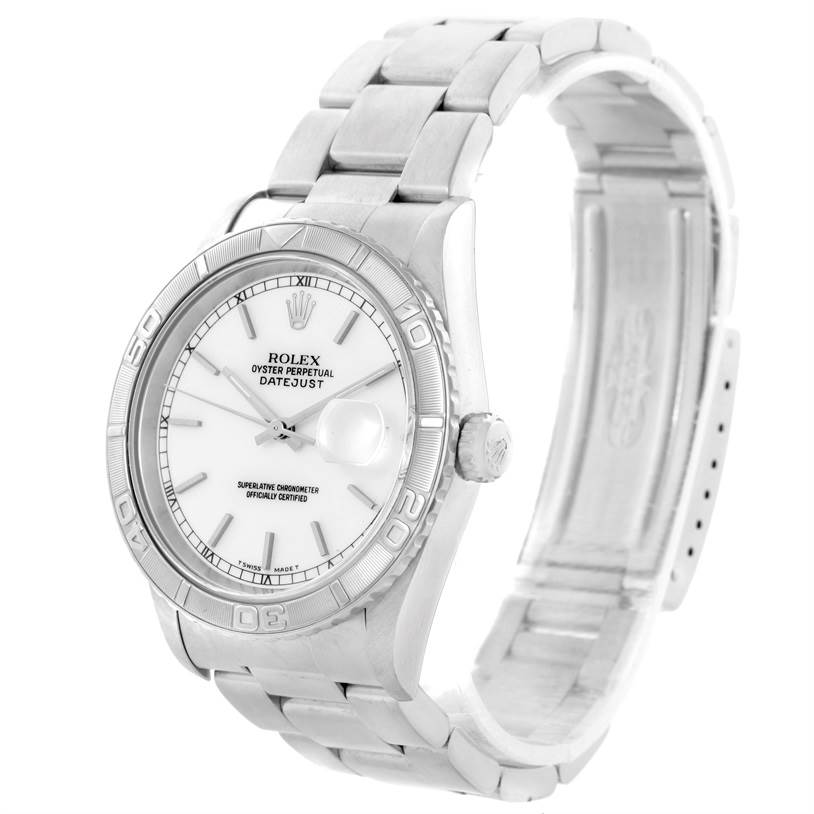 This Rolex Turn-o-Graph 16264 Men's Stainless Steel White Dial 16264 Men's Stainless Steel White Dial watch is shown at a slight angle, displaying the face, bezel, and bracelet.