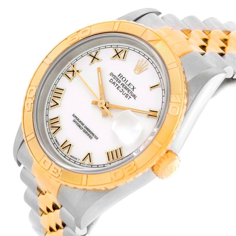 The image shows a close-up angled view of a Rolex Turn-o-Graph 16263 Men's Steel and Gold (two tone) White Dial 16263 Men's Steel and Gold (two tone) White Dial watch, featuring its case, bezel, dial, and part of the bracelet.