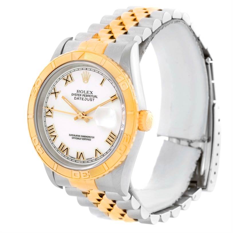 This image shows a Rolex Turn-o-Graph 16263 Men's Steel and Gold (two tone) White Dial 16263 Men's Steel and Gold (two tone) White Dial watch at a slight side angle, highlighting its gold bezel, white dial, and two-tone bracelet.