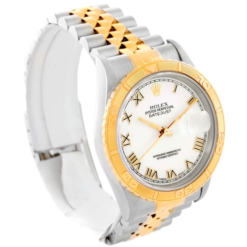 The Rolex Turn-o-Graph 16263 Men's Steel and Gold (two tone) White Dial 16263 Men's Steel and Gold (two tone) White Dial watch is shown at an angle highlighting its gold bezel and two-tone bracelet.
