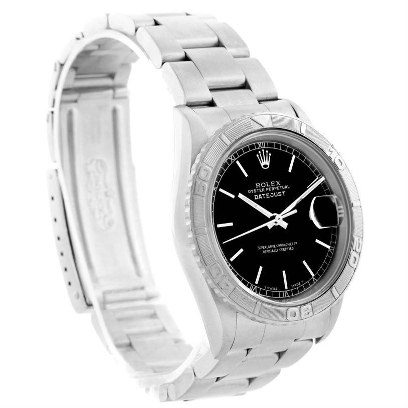 The image shows a side view of the Rolex Turn-o-Graph 16264 Men's Stainless Steel Black Dial 16264 Men's Stainless Steel Black Dial watch, prominently displaying its bezel, dial, and bracelet.