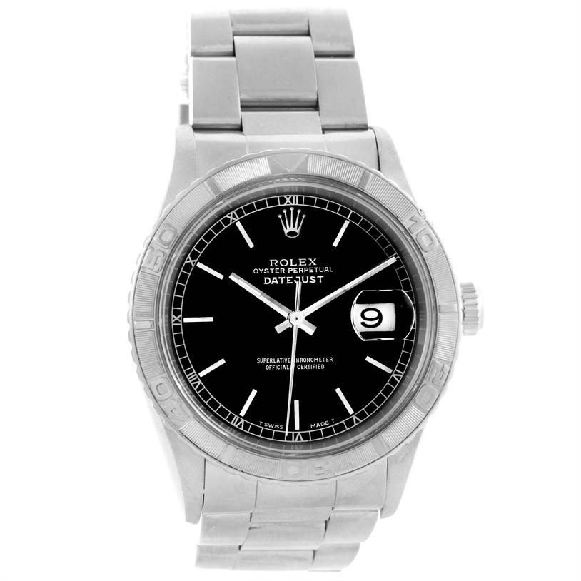 This is a front view of the Rolex Turn-o-Graph 16264 Men's Stainless Steel Black Dial 16264 Men's Stainless Steel Black Dial watch, showing the face, bezel, bracelet, and date window.