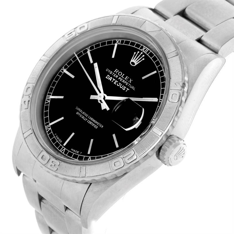 This Rolex Turn-o-Graph 16264 Men's Stainless Steel Black Dial 16264 Men's Stainless Steel Black Dial watch is shown at a slight angle, highlighting the face, bezel, and crown.