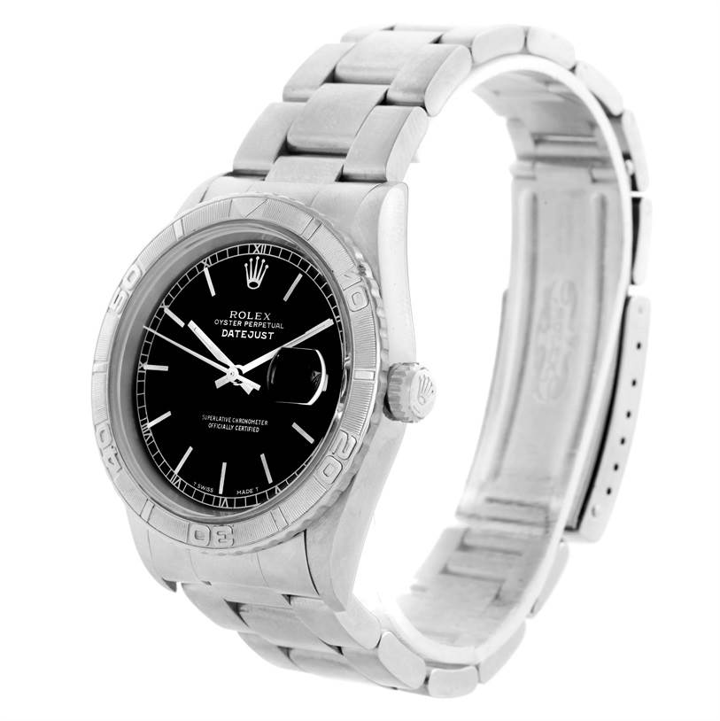 The image shows a Rolex Turn-o-Graph 16264 Men's Stainless Steel Black Dial 16264 Men's Stainless Steel Black Dial model watch from a front angle, displaying its face, bezel, crown, and metal bracelet.