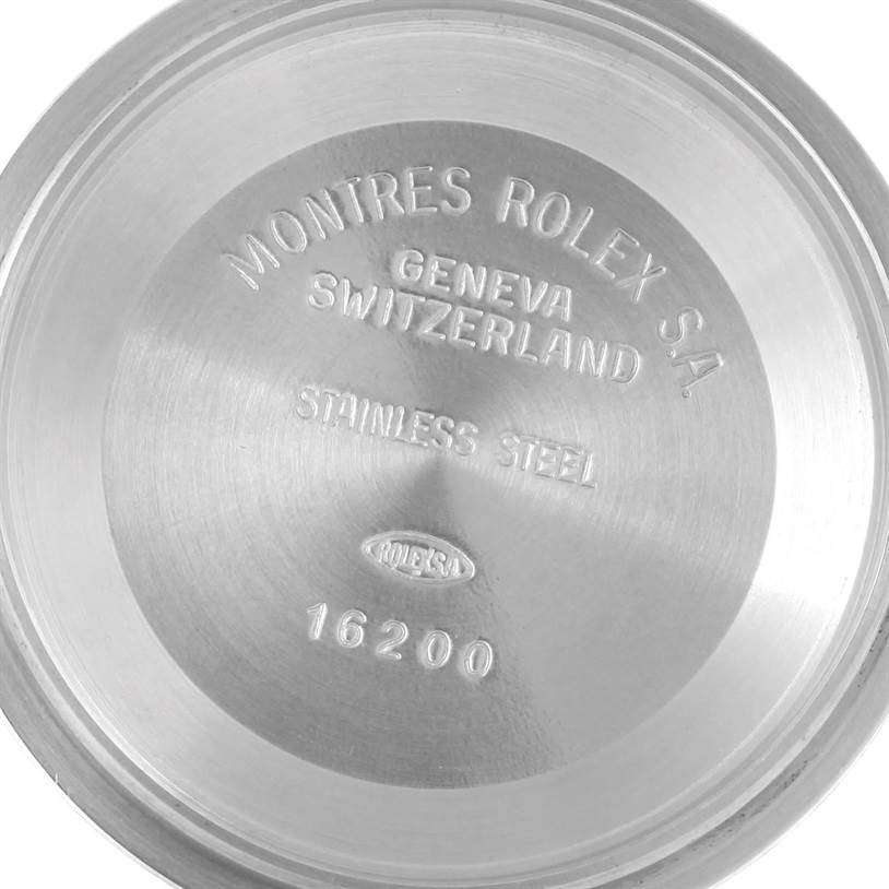 This image shows the inner case back of a Rolex Turn-o-Graph 16264 Men's Stainless Steel Black Dial 16264 Men's Stainless Steel Black Dial watch, featuring engravings with manufacturer details.