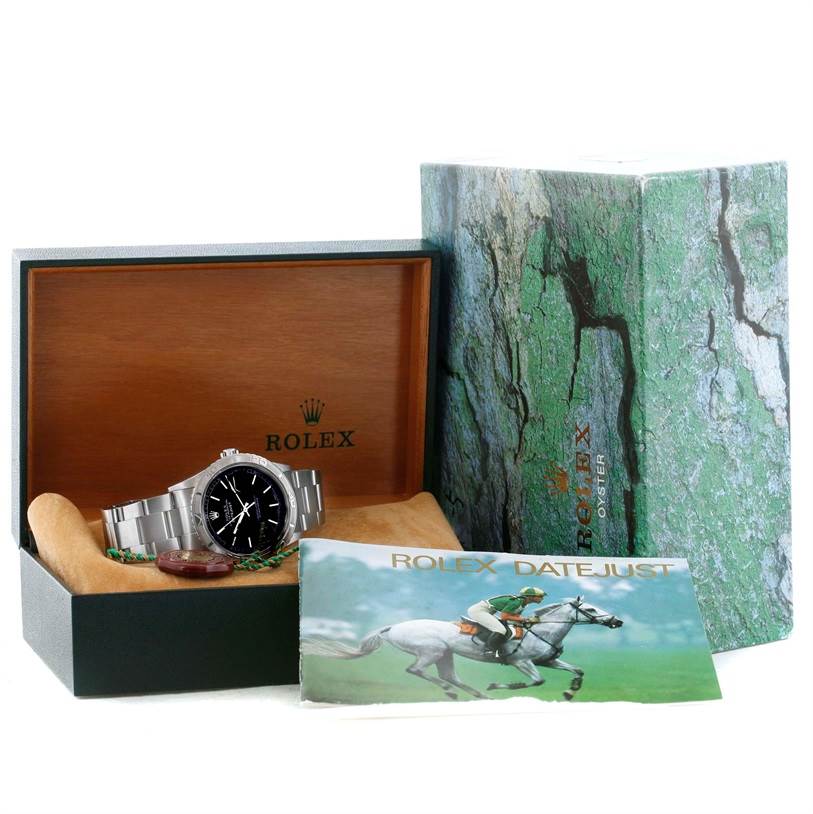 The image shows a Rolex Turn-o-Graph 16264 Men's Stainless Steel Black Dial 16264 Men's Stainless Steel Black Dial watch with its box, outer sleeve, and a Rolex Datejust manual, viewed from the front.