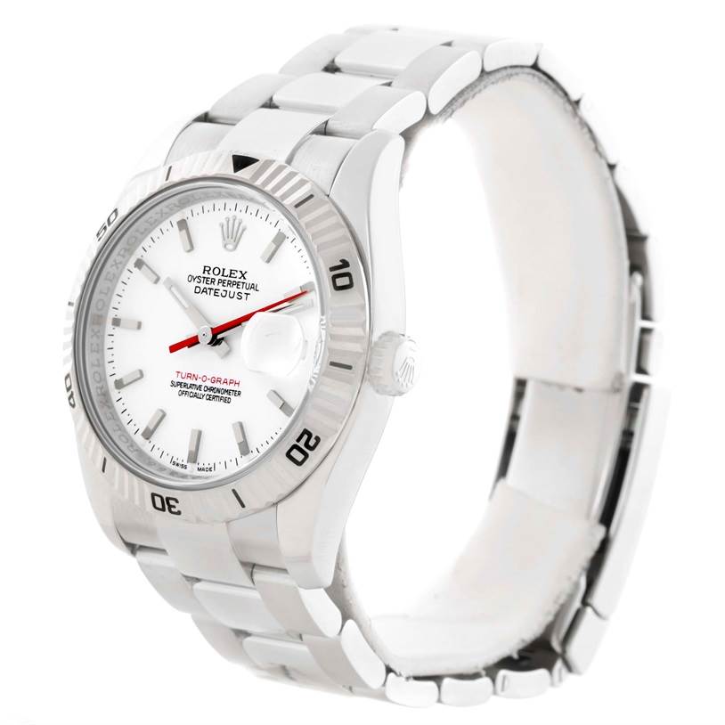 This image shows a Rolex Turn-o-Graph 116264 Men
s Stainless Steel White Dial 116264 Men
s Stainless Steel White Dial watch from a slightly tilted angle, highlighting the face, bezel, and bracelet.