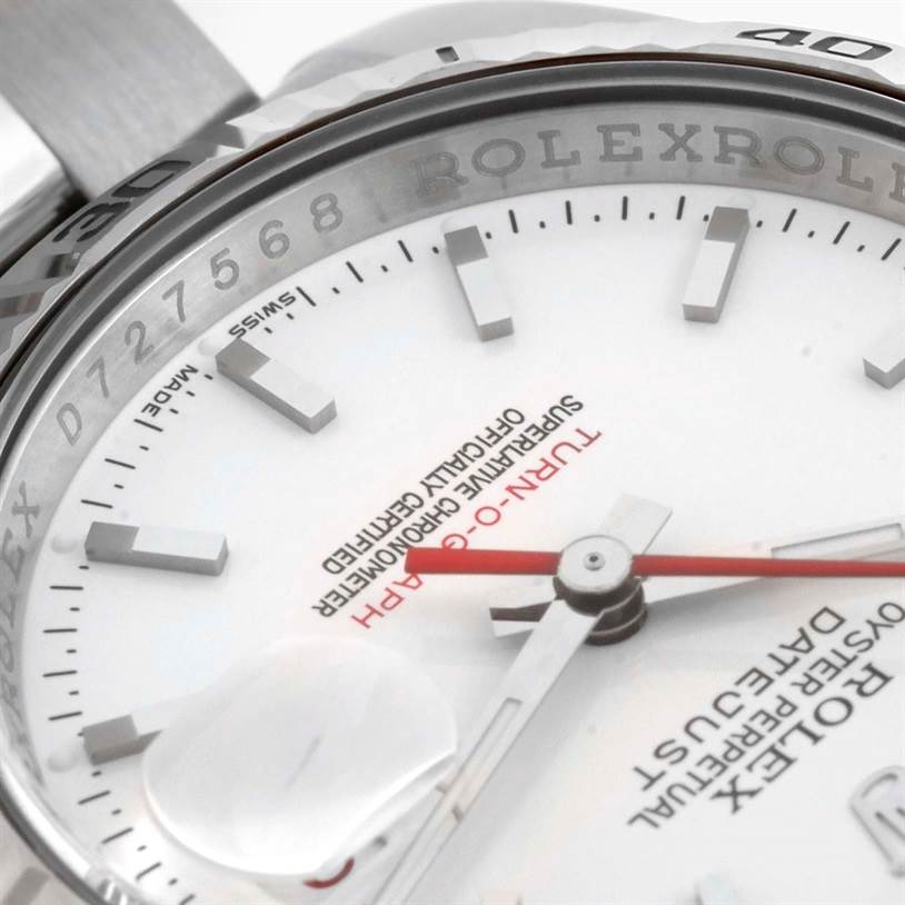The image shows a close-up of the Turn-o-Graph model by Rolex, focusing on the dial, hands, and part of the bezel.