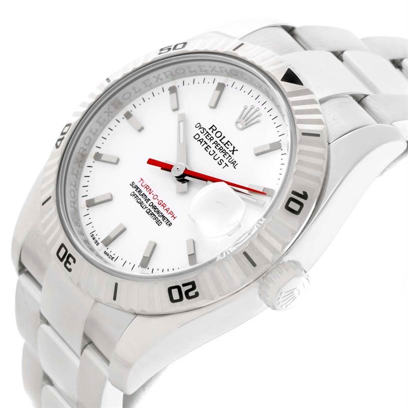 The image shows a close-up, angled view of the Rolex Turn-o-Graph 116264 Men
s Stainless Steel White Dial 116264 Men
s Stainless Steel White Dial watch, highlighting the bezel, dial, and part of the bracelet.