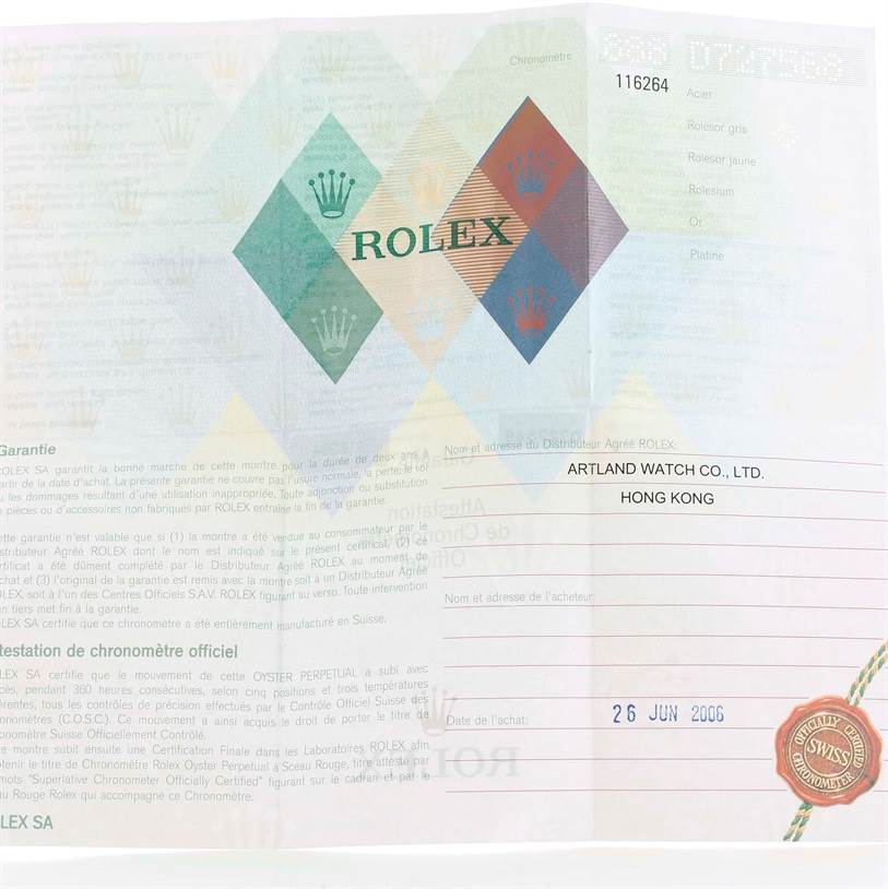 The image shows a warranty certificate for a Rolex Turn-o-Graph 116264 Men
s Stainless Steel White Dial 116264 Men
s Stainless Steel White Dial model, detailing purchase information and Best Quality
ation marks.