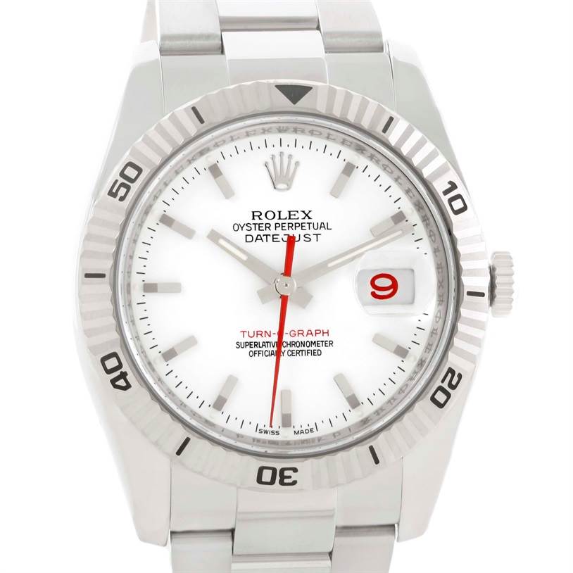 This image shows a frontal view of the Rolex Turn-o-Graph 116264 Men
s Stainless Steel White Dial 116264 Men
s Stainless Steel White Dial watch, highlighting its dial, bezel, hands, and part of the bracelet.