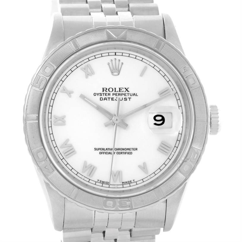 The image shows a front view of the Rolex Turn-o-Graph 16264 Men's Stainless Steel White Dial 16264 Men's Stainless Steel White Dial watch, highlighting the face, bezel, and part of the bracelet.