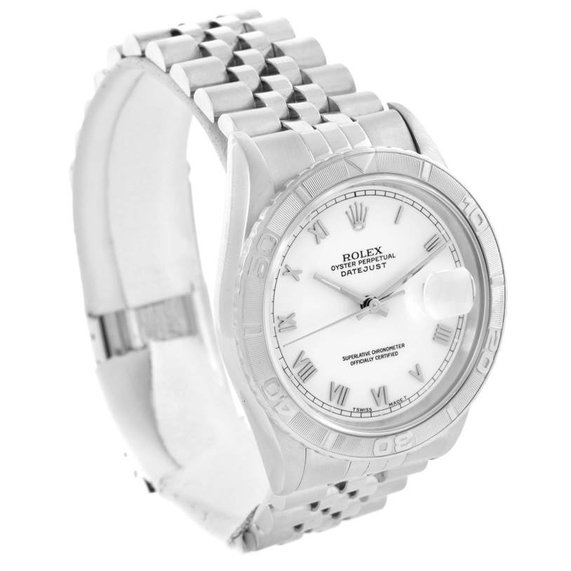 The image shows a Rolex Turn-o-Graph 16264 Men's Stainless Steel White Dial 16264 Men's Stainless Steel White Dial watch, focusing on the dial, bezel, and bracelet from a front and slightly left side angle.