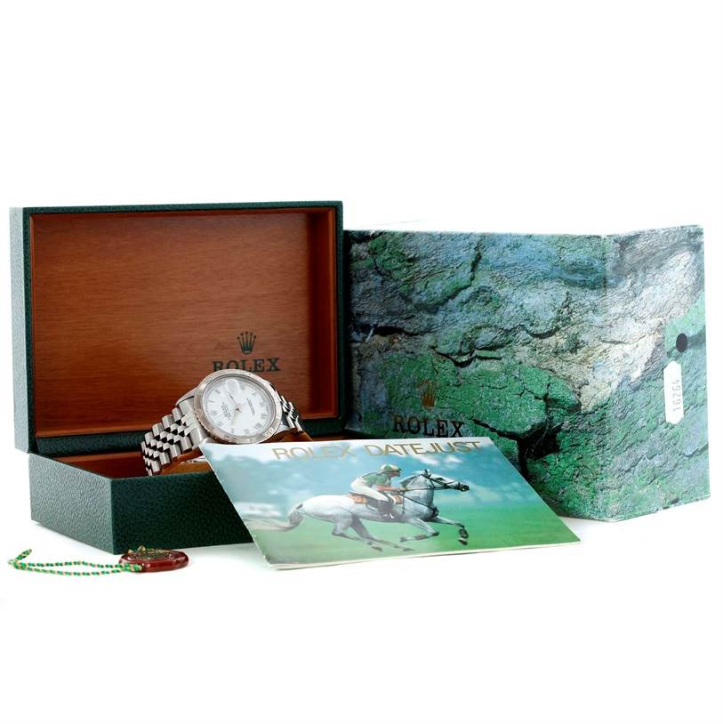 The image shows a Rolex Turn-o-Graph 16264 Men's Stainless Steel White Dial 16264 Men's Stainless Steel White Dial watch in its open box with additional accessories and a booklet.