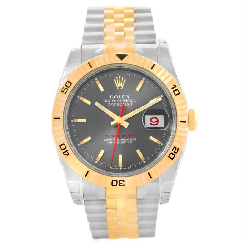 This Rolex Turn-o-Graph 116263GYSJ Men's Steel and Gold (two tone) Grey Dial 116263GYSJ Men's Steel and Gold (two tone) Grey Dial watch is shown from a front angle, displaying the dial, bezel, and part of the bracelet.
