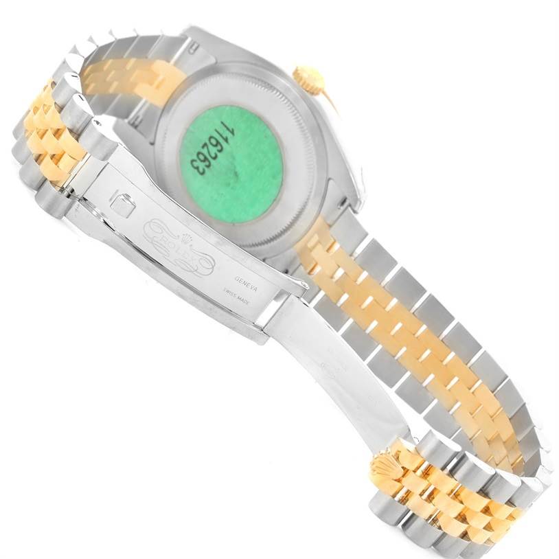 The image shows the back view of the Rolex Turn-o-Graph 116263GYSJ Men's Steel and Gold (two tone) Grey Dial 116263GYSJ Men's Steel and Gold (two tone) Grey Dial watch, highlighting the clasp, bracelet, and case back.