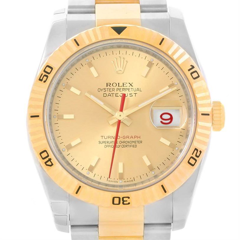 The image shows a frontal view of the Rolex Turn-o-Graph watch, highlighting its gold dial, bezel, and bi-color strap.