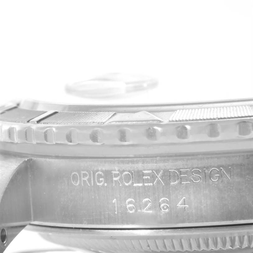 The image shows a close-up of the side of a Rolex Turn-o-Graph 16264 Men's Stainless Steel Silver Dial 16264 Men's Stainless Steel Silver Dial watch case, highlighting the engraved model number "16264."