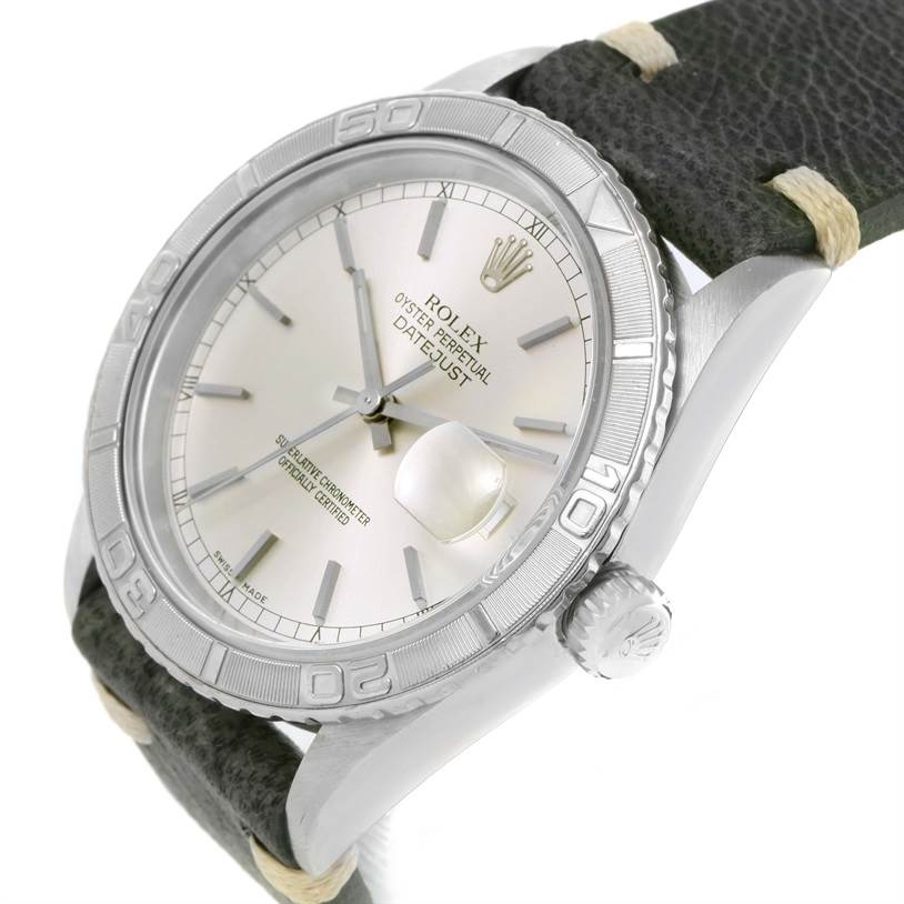 This image shows a Rolex Turn-o-Graph 16264 Men's Stainless Steel Silver Dial 16264 Men's Stainless Steel Silver Dial watch at an angle highlighting its face, bezel, crown, and strap.