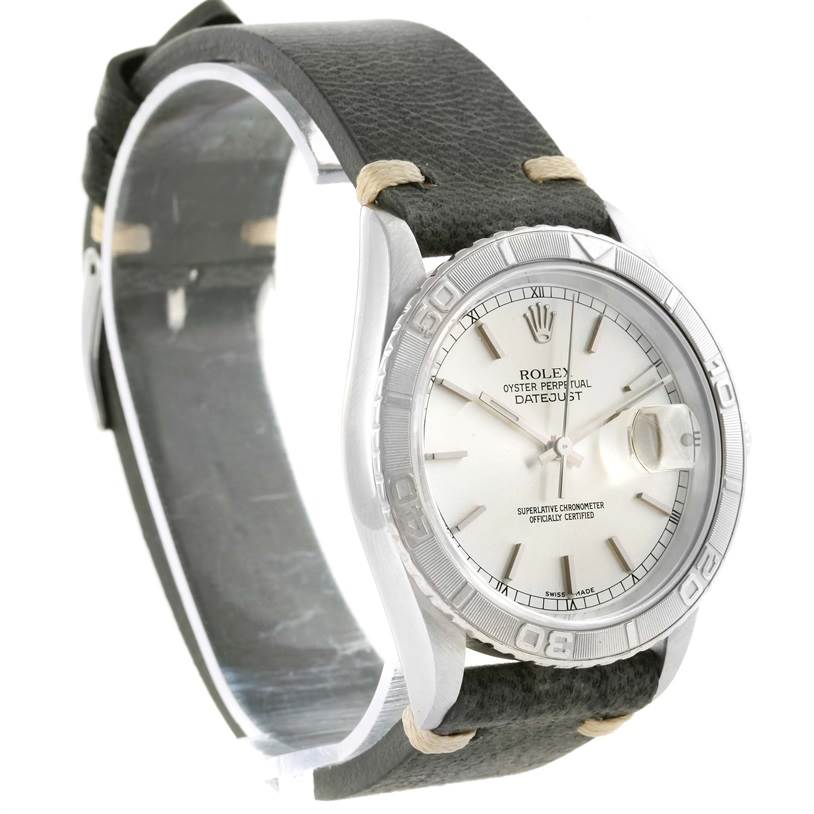The image shows a front and slightly turned angle of a Rolex Turn-o-Graph 16264 Men's Stainless Steel Silver Dial 16264 Men's Stainless Steel Silver Dial watch, highlighting the dial, bezel, and leather strap.