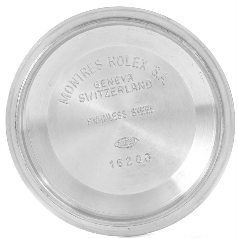 This image shows the inner side of the stainless steel case back for a Rolex Turn-o-Graph 16264 Men's Stainless Steel Silver Dial 16264 Men's Stainless Steel Silver Dial model, inscribed with brand details.