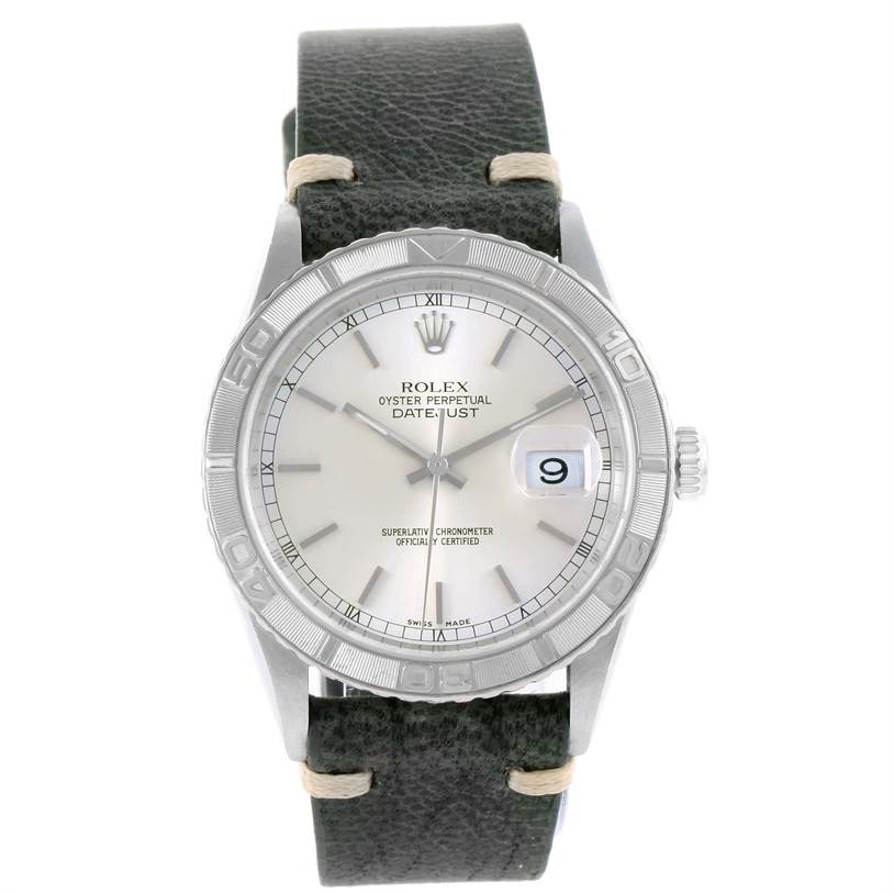 The image shows a Rolex Turn-o-Graph 16264 Men's Stainless Steel Silver Dial 16264 Men's Stainless Steel Silver Dial watch from a front angle, displaying its dial, hands, date window, bezel, and leather strap.