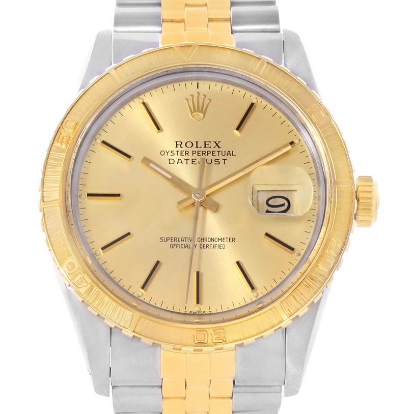 This image shows a front view of a Rolex Turn-o-Graph 16263 Men's Steel and Gold (two tone) Champagne Dial 16263 Men's Steel and Gold (two tone) Champagne Dial Oyster Perpetual Datejust watch, highlighting the dial, bezel, and bracelet.