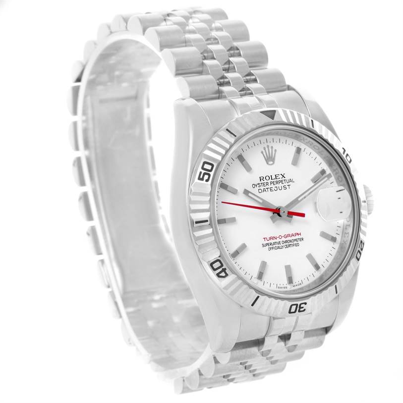 The image shows a Rolex Turn-o-Graph 116264 Men's Stainless Steel White Dial 116264 Men's Stainless Steel White Dial watch from a three-quarter view, highlighting the dial, bracelet, bezel, and crown.