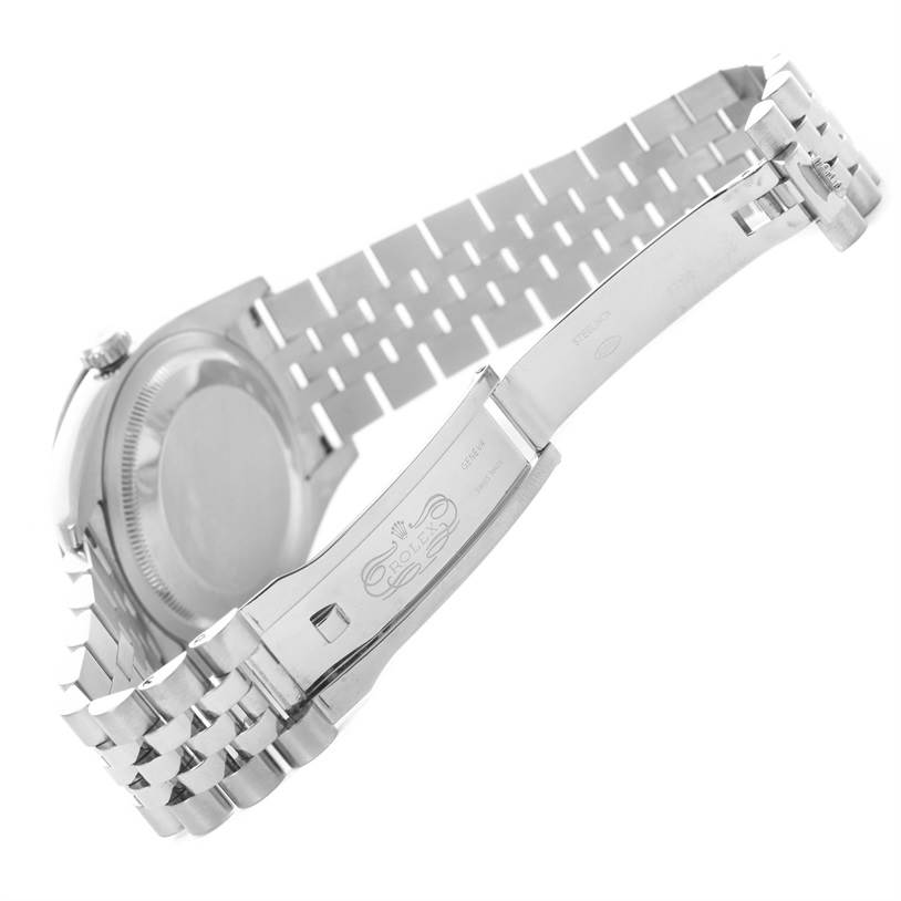 The image shows the underside of a Rolex Turn-o-Graph 116264 Men's Stainless Steel White Dial 116264 Men's Stainless Steel White Dial watch, highlighting its metal bracelet and clasp.