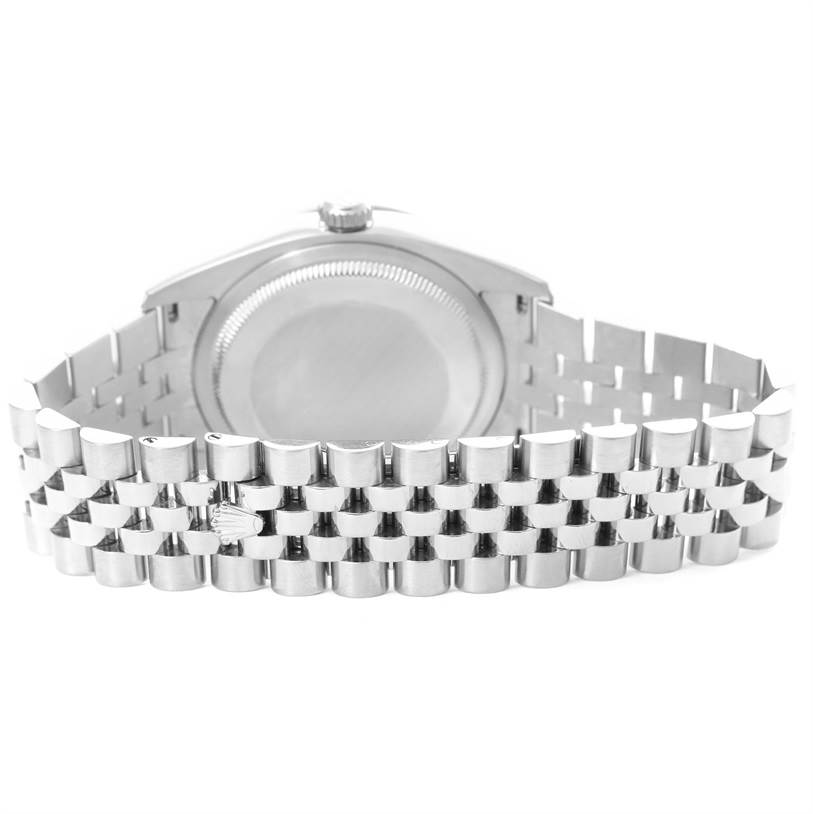 The image shows the backside of a Rolex Turn-o-Graph 116264 Men's Stainless Steel White Dial 116264 Men's Stainless Steel White Dial watch emphasizing the bracelet and case back.