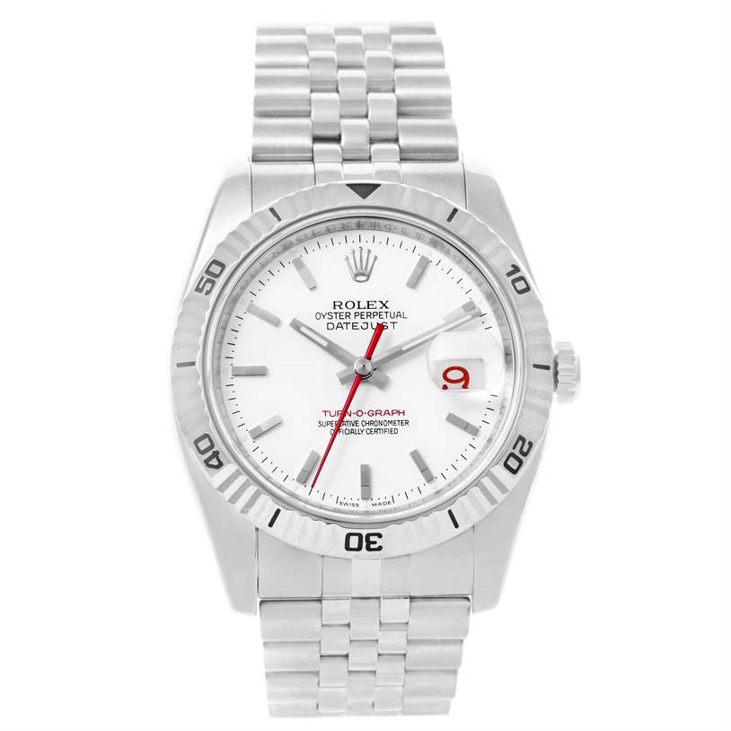 The image shows a front view of the Rolex Turn-o-Graph 116264 Men's Stainless Steel White Dial 116264 Men's Stainless Steel White Dial watch, displaying the dial, bezel, crown, and bracelet.