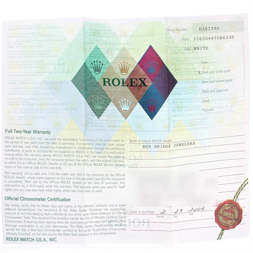 The image shows the warranty and certification papers for the Rolex Turn-o-Graph 116264 Men's Stainless Steel White Dial 116264 Men's Stainless Steel White Dial model.