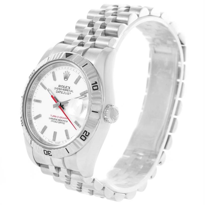 The image shows the Rolex Turn-o-Graph 116264 Men's Stainless Steel White Dial 116264 Men's Stainless Steel White Dial watch at a three-quarter angle, highlighting the dial, bezel, and bracelet.
