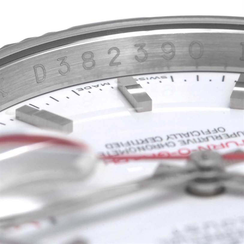 This close-up angle shows the bezel, part of the dial, and markers of the Rolex Turn-o-Graph 116264 Men's Stainless Steel White Dial 116264 Men's Stainless Steel White Dial watch.