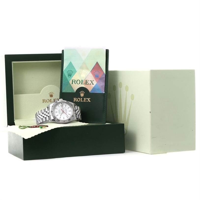 The image shows a Rolex Turn-o-Graph 116264 Men's Stainless Steel White Dial 116264 Men's Stainless Steel White Dial watch with its box and warranty card, taken from a front angle.