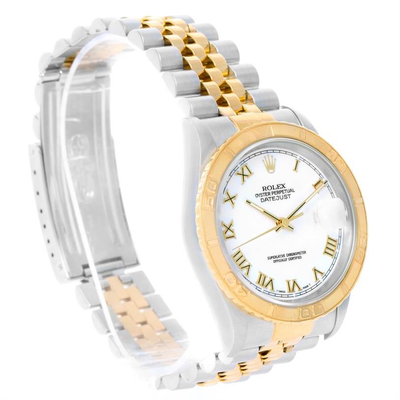 The image shows a Rolex Turn-o-Graph 16263 Men
s Steel and Gold (two tone) White Dial 16263 Men
s Steel and Gold (two tone) White Dial watch from an angled side view, highlighting the face, bezel, and bracelet.