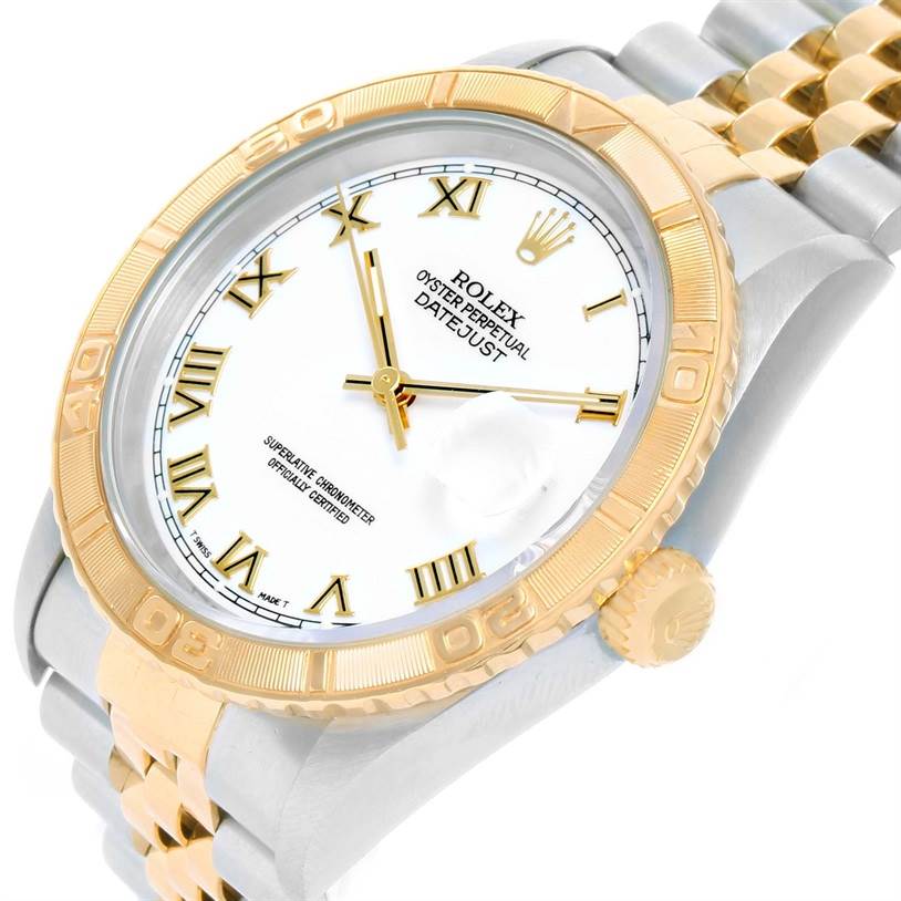 The image shows a Rolex Turn-o-Graph 16263 Men
s Steel and Gold (two tone) White Dial 16263 Men
s Steel and Gold (two tone) White Dial watch from a slightly angled perspective, highlighting the dial and gold bezel.