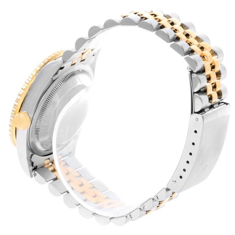 The image shows a side and back view of the Rolex Turn-o-Graph 16263 Men
s Steel and Gold (two tone) White Dial 16263 Men
s Steel and Gold (two tone) White Dial watch, highlighting its case, crown, and two-tone bracelet.