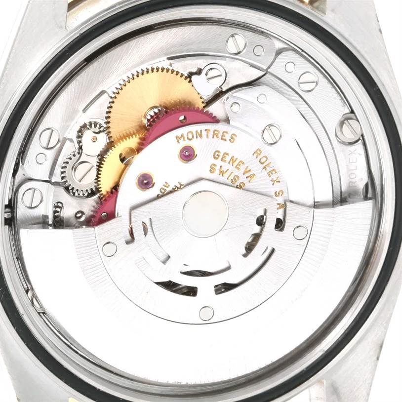 This image shows the back of the Rolex Turn-o-Graph 16263 Men
s Steel and Gold (two tone) White Dial 16263 Men
s Steel and Gold (two tone) White Dial watch displaying its internal mechanical movements.