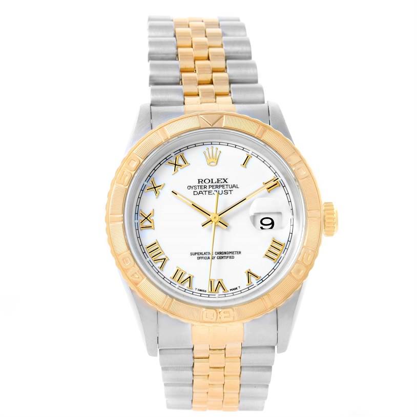 The image shows a front view of the Rolex Turn-o-Graph 16263 Men
s Steel and Gold (two tone) White Dial 16263 Men
s Steel and Gold (two tone) White Dial watch, highlighting its face, bezel, and bracelet.