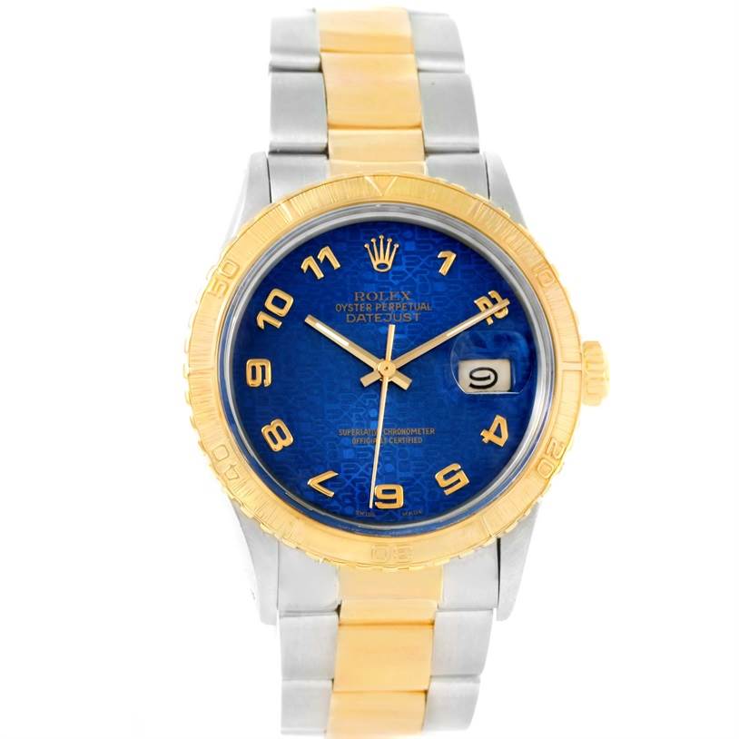 The Rolex Turn-o-Graph 16253 Men
s Steel and Gold (two tone) Blue Dial 16253 Men
s Steel and Gold (two tone) Blue Dial watch is shown from a front angle, displaying its blue dial, gold bezel, and bicolor bracelet.