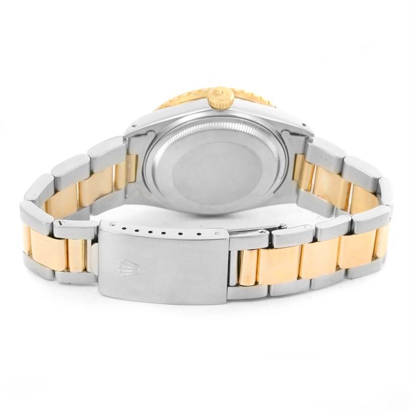 The image shows the back view of the Rolex Turn-o-Graph 16253 Men
s Steel and Gold (two tone) Blue Dial 16253 Men
s Steel and Gold (two tone) Blue Dial watch, highlighting the bracelet and clasp.